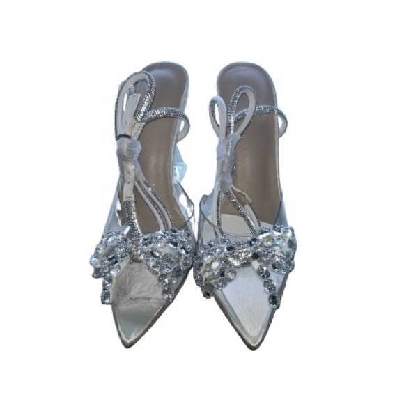 Silver rhinestone embellished bow heels with ankle strap - Picture 2 of 2